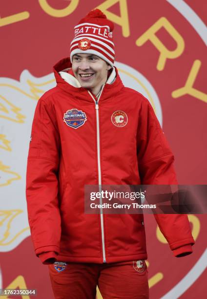 Yegor Sharangovich of the Calgary Flames warms up before practice at Commonwealth Stadium on October 28, 2023 in Edmonton, Alberta.