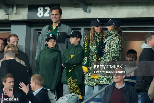 Roger Federer with his kids Leo, Lenny, Myla Rose, Charlene Riva celebrate the victory of South Africa following the Rugby World Cup France 2023...