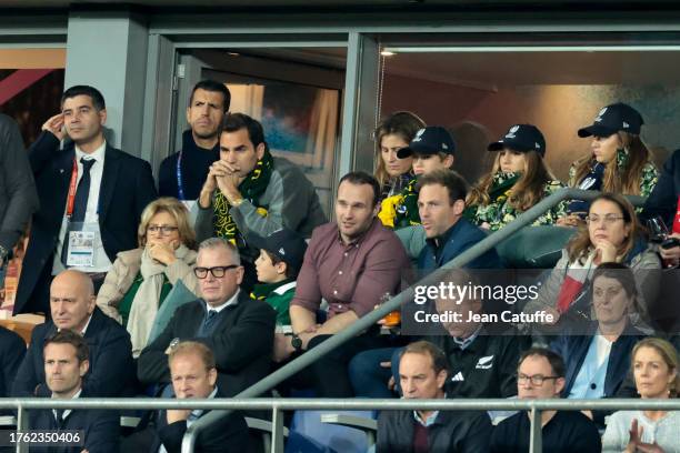 Lynette Federer , above Roger Federer, Mirka Federer with their kids Leo, Lenny, Myla Rose, Charlene Riva attend the Rugby World Cup France 2023...