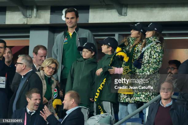 Lynette Federer , above Roger Federer with his kids Leo, Lenny, Myla Rose, Charlene Riva celebrate the victory of South Africa following the Rugby...