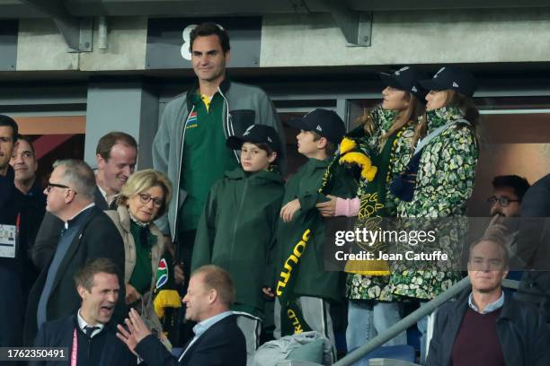 Lynette Federer , above Roger Federer with his kids Leo, Lenny, Myla Rose, Charlene Riva celebrate the victory of South Africa following the Rugby...