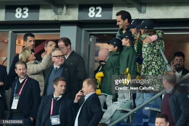 Lynette Federer takes picture of Roger Federer with his kids Leo, Lenny, Myla Rose, Charlene Riva after the victory of South Africa following the...