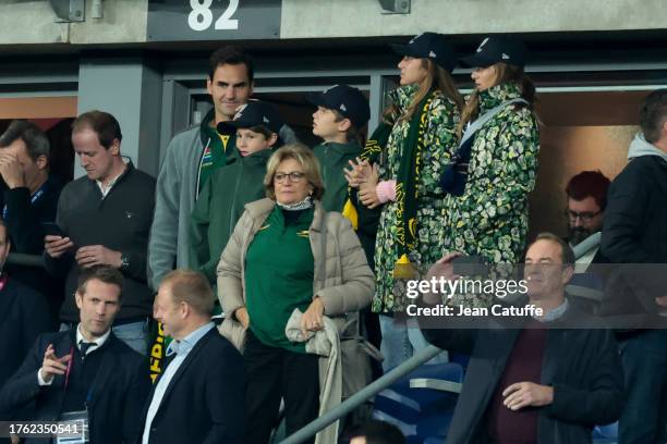 Lynette Federer , above Roger Federer with his kids Leo, Lenny, Myla Rose, Charlene Riva celebrate the victory of South Africa following the Rugby...