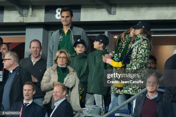 Lynette Federer , above Roger Federer with his kids Leo, Lenny, Myla Rose, Charlene Riva celebrate the victory of South Africa following the Rugby...