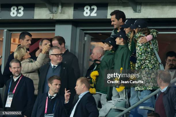 Lynette Federer takes picture of Roger Federer with his kids Leo, Lenny, Myla Rose, Charlene Riva after the victory of South Africa following the...