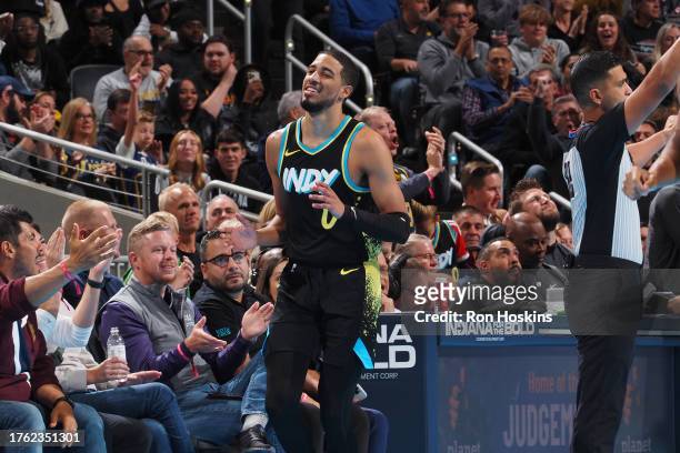Tyrese Haliburton of the Indiana Pacers smiles during the game against the Cleveland Cavaliers during the In-Season Tournament on November 3, 2023 at...