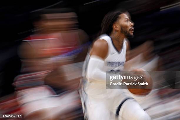 Derrick Rose of the Memphis Grizzlies drives to the basket against the Washington Wizards during the second half at Capital One Arena on October 28,...