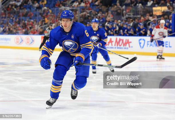 Erik Johnson of the Buffalo Sabres skates against the Montreal Canadiens during an NHL game on October 23, 2023 at KeyBank Center in Buffalo, New...