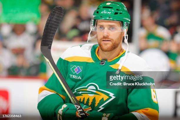 Dakota Mermis of the Minnesota Wild warms up prior to the game against the Columbus Blue Jackets at the Xcel Energy Center on October 21, 2023 in...