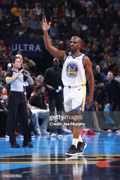 Chris Paul of the Golden State Warriors celebrates during the game against the Oklahoma City Thunder during the In-Season Tournament on November 3,...