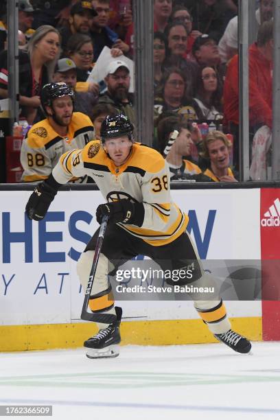 Patrick Brown of the Boston Bruins skates against the Detroit Red Wings on October 28, 2023 at the TD Garden in Boston, Massachusetts.