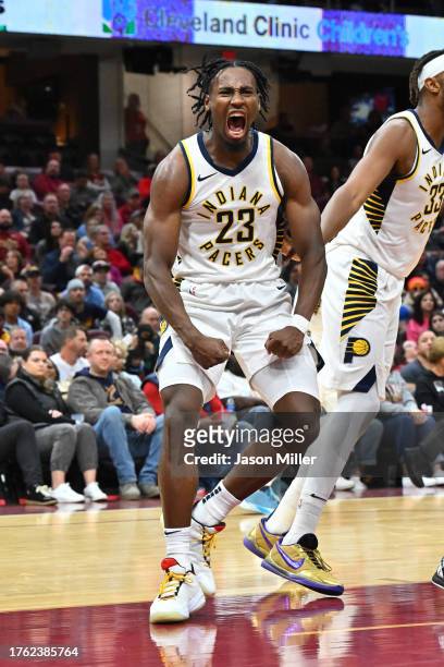 Aaron Nesmith of the Indiana Pacers reacts after scoring during the fourth quarter against the Cleveland Cavaliers at Rocket Mortgage Fieldhouse on...