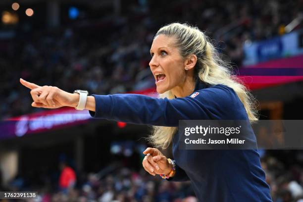 Assistant coach Jenny Boucek of the Indiana Pacers yells to her players during the fourth quarter against the Cleveland Cavaliers at Rocket Mortgage...