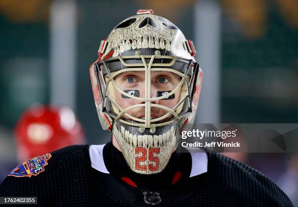 Jacob Markstrom of the Calgary Flames looks on during practice at Commonwealth Stadium on October 28, 2023 in Edmonton, Alberta.