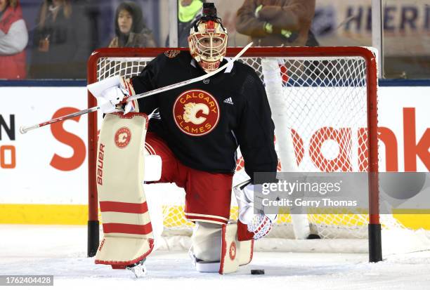 Goaltender Dan Vladar of the Calgary Flames looks on during practice at Commonwealth Stadium on October 28, 2023 in Edmonton, Alberta.