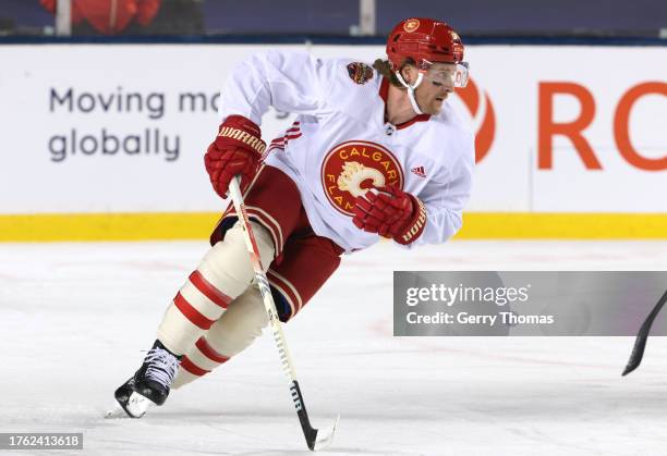 Blake Coleman of the Calgary Flames skates during practice at Commonwealth Stadium on October 28, 2023 in Edmonton, Alberta.