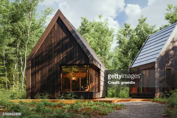 idyllisches haus im wald - cabin in the woods stock-fotos und bilder