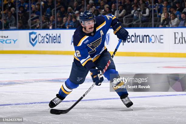 Justin Faulk of the St. Louis Blues takes a shot against the New Jersey Devils on November 3, 2023 at the Enterprise Center in St. Louis, Missouri.