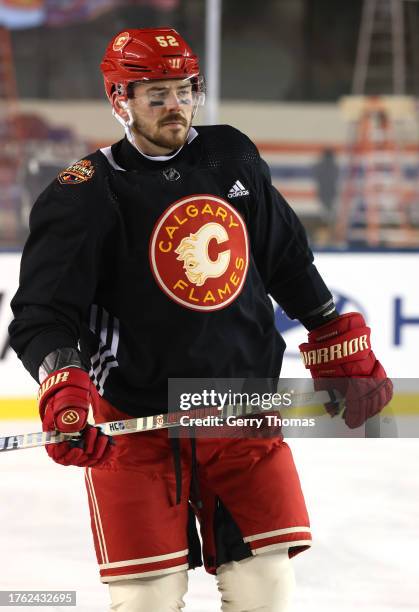 MacKenzie Weegar of the Calgary Flames looks on during practice at Commonwealth Stadium on October 28, 2023 in Edmonton, Alberta.