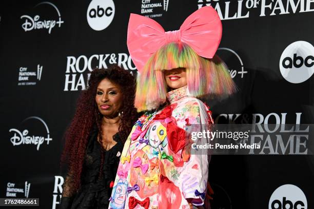 Chaka Khan and Sia in the press room at the 38th Annual Rock & Roll Hall Of Fame Induction Ceremony at Barclays Center on November 03, 2023 in New...