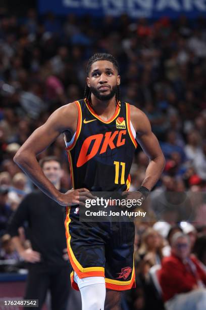 Isaiah Joe of the Oklahoma City Thunder looks on during the game against the Golden State Warriors during the In-Season Tournament on November 3,...