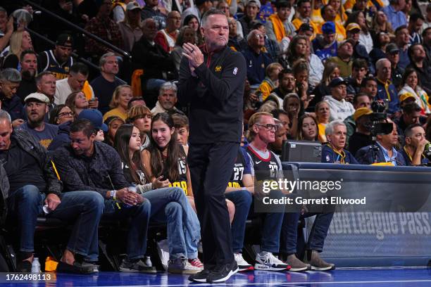 Head Coach Michael Malone of the Denver Nuggets looks on during the game against the Dallas Mavericks during the In-Season Tournament on November 3,...