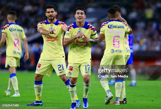 Alejandro Zendejas of America celebrates after scoring the team's third goal during the 14th round match between Monterrey and America as part of the...