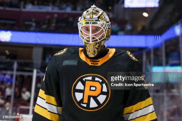 Providence Bruins goalie Brandon Bussi on the ice during the third period of the American Hockey League game between the Providence Bruins and...