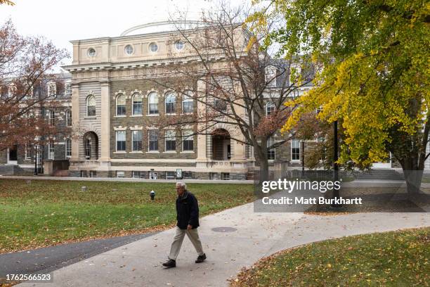 Man walks through the Cornell University campus on November 3, 2023 in Ithaca, New York. The university canceled classes after one of its students is...