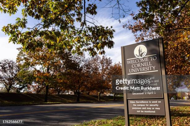 View of one of the entrances to the Cornell University campus on November 3, 2023 in Ithaca, New York. The university canceled classes after one of...