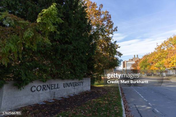 View of one of the entrances to the Cornell University campus on November 3, 2023 in Ithaca, New York. The university canceled classes after one of...