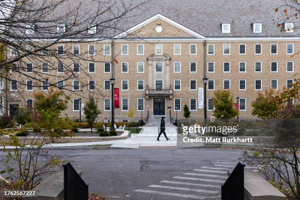 Man walks through the Cornell University campus on November 3, 2023 in Ithaca, New York. The university canceled classes after one of its students is...