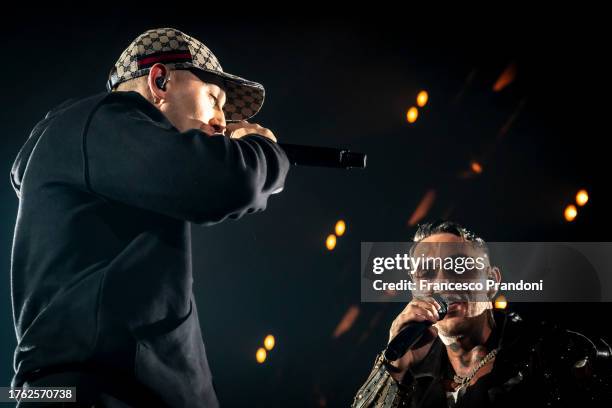 Massimo Pericolo and Emis Killa perform at Mediolanum Forum of Assago on October 28, 2023 in Milan, Italy.