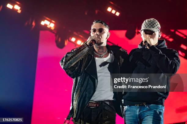 Emis Killa and Massimo Pericolo perform at Mediolanum Forum of Assago on October 28, 2023 in Milan, Italy.