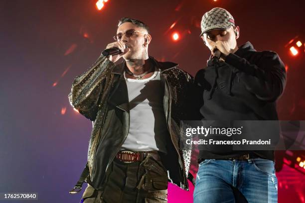 Emis Killa and Massimo Pericolo perform at Mediolanum Forum of Assago on October 28, 2023 in Milan, Italy.