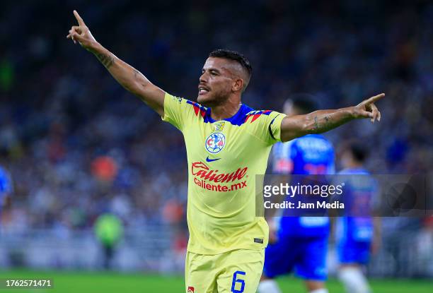 Jonathan Dos Santos of America celebrates the team's second goal during the 14th round match between Monterrey and America as part of the Torneo...