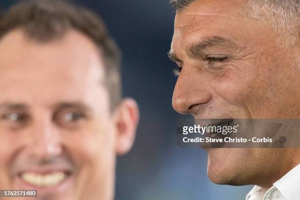 John Aloisi head coach of Western United is interviewed during the A-League Men round two match between Western Sydney Wanderers and Western United...