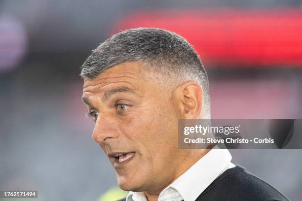 John Aloisi head coach of Western United is interviewed during the A-League Men round two match between Western Sydney Wanderers and Western United...