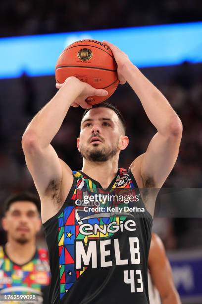 Chris Goulding of United shoots during the round five NBL match between Melbourne United and Illawarra Hawks at John Cain Arena, on October 29 in...