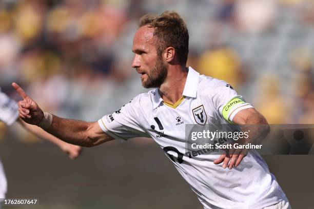 Valère Germain of Macarthur FC celebrates his goal during the A-League Men round two match between Central Coast Mariners and Macarthur FC at...