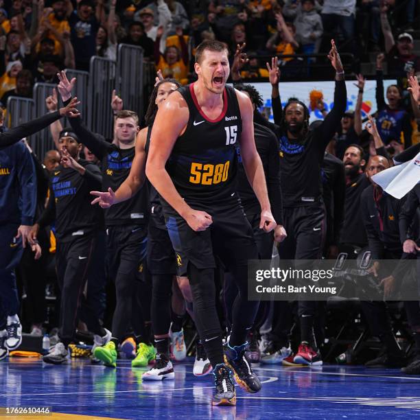Nikola Jokic of the Denver Nuggets celebrates during the game against the Dallas Mavericks during the In-Season Tournament on November 3, 2023 at the...