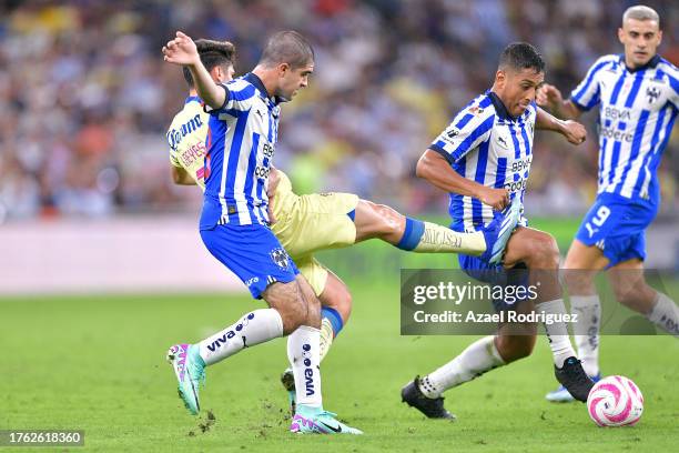 Luis Romo of Monterrey fights for the ball with Israel Reyes of América during the 14th round match between Monterrey and America as part of the...