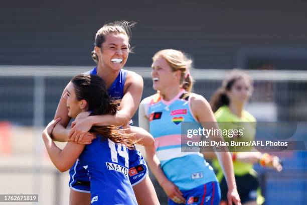 Erika O'Shea of the Kangaroos celebrates a goal during the 2023 AFLW Round 10 match between The Western Bulldogs and The North Melbourne Tasmanian...