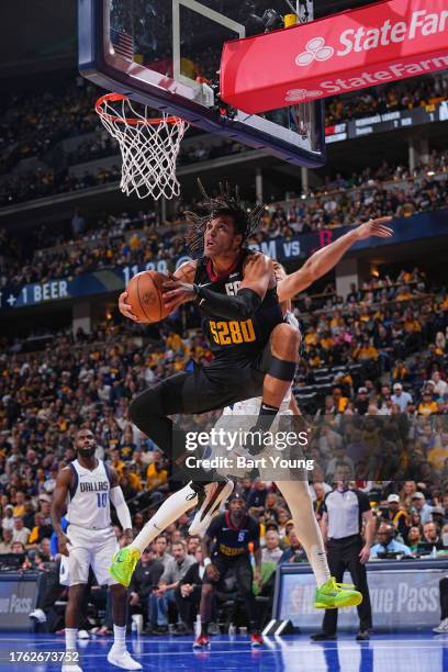 Aaron Gordon of the Denver Nuggets drives to the basket during the game against the Dallas Mavericks during the In-Season Tournament on November 3,...