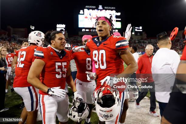 Defensive lineman Isaiah Ward of the Arizona Wildcats reacts after the Wildcats defeated the Oregon State Beavers 27-24 at Arizona Stadium on October...