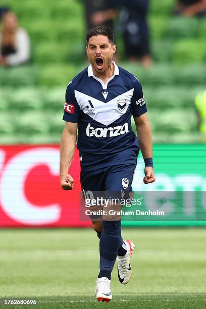 Bruno Fornaroli of the Victory celebrates scoring a goal during the A-League Men round two match between Melbourne Victory and Newcastle Jets at AAMI...