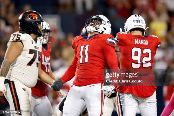 Linebacker Taylor Upshaw of the Arizona Wildcats reacts after a sack during the second half against the Oregon State Beavers at Arizona Stadium on...