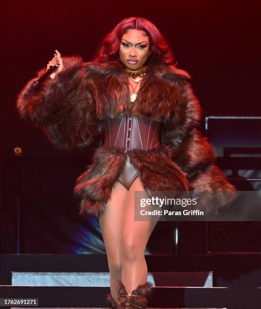 Rapper Megan Thee Stallion performs onstage on Day 1 of 2023 ONE MusicFest at Piedmont Park on October 28, 2023 in Atlanta, Georgia.