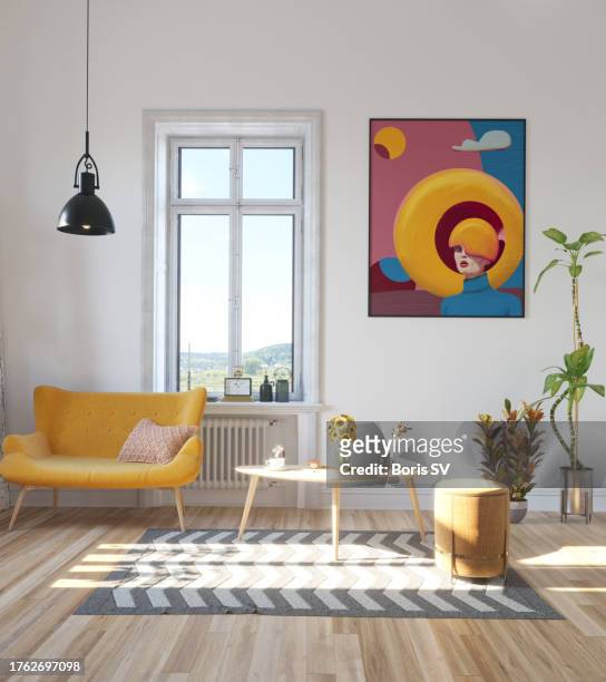 scandinavian living room in mid-century style with abstract painting - carpet icon stock pictures, royalty-free photos & images