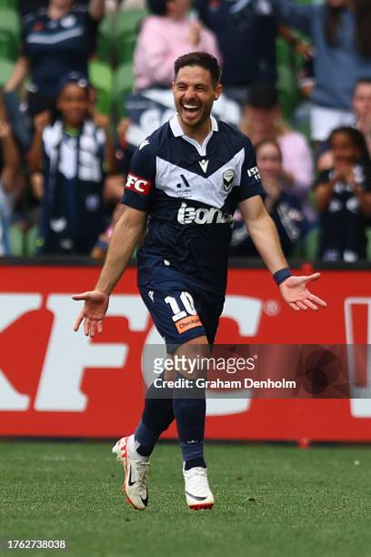 Bruno Fornaroli of the Victory celebrates scoring a goal during the A-League Men round two match between Melbourne Victory and Newcastle Jets at AAMI...